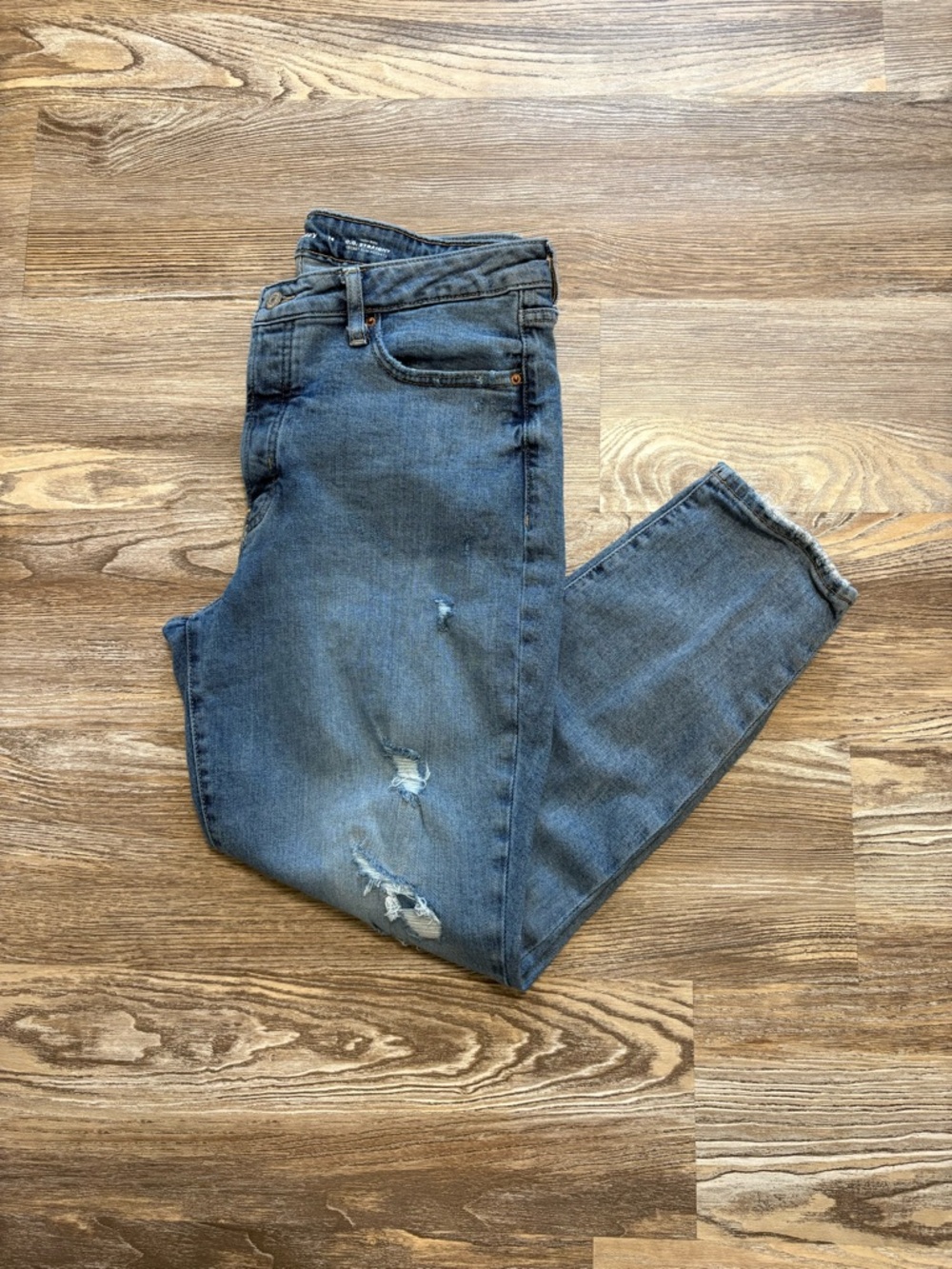 Old Navy OG Straight High Rise Myrtle Distressed Patch Ankle Button Fly Jeans 14